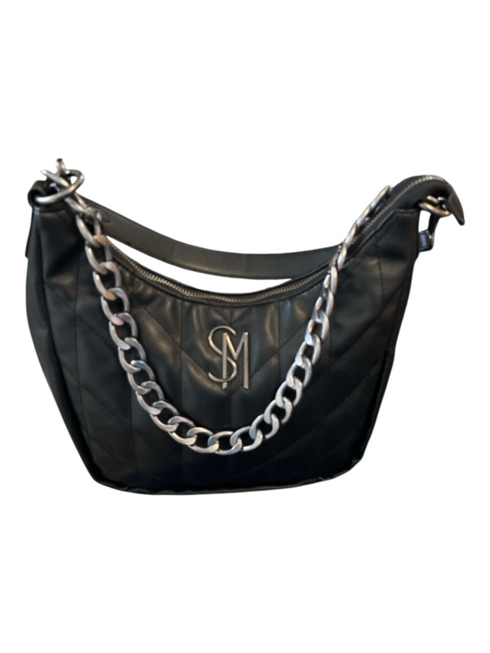 Steve Madden Quilted Black Shoulder Bag SM Logo Chain Strap Hobo Style